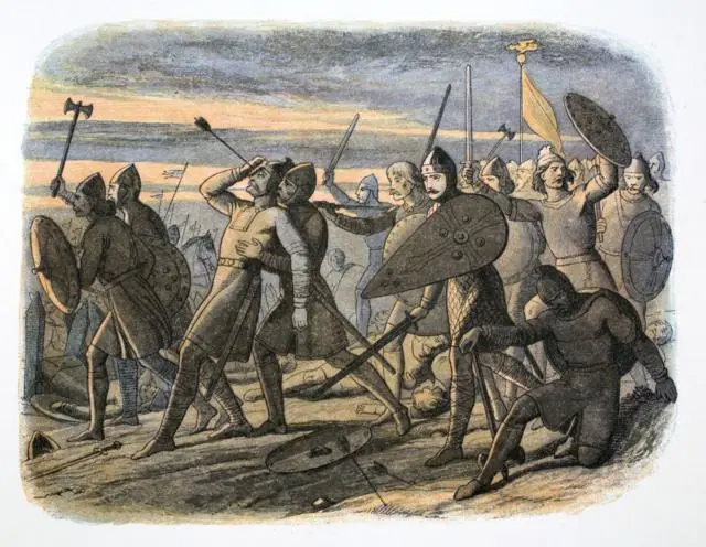 مقتل الملك هارولد في معركة هاستينغز عام 1066 (لوحة تعود لعام 1864)، وتقول الرواية الشائعة إن هارولد قُتل إثر إصابته بسهم في عينه