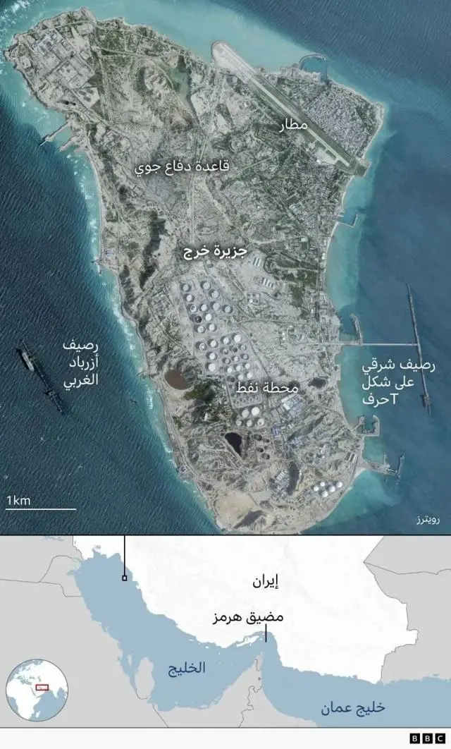 خارطة تظهر جزيرة خرج وموقعها بعيداً عن مضيق هرمز